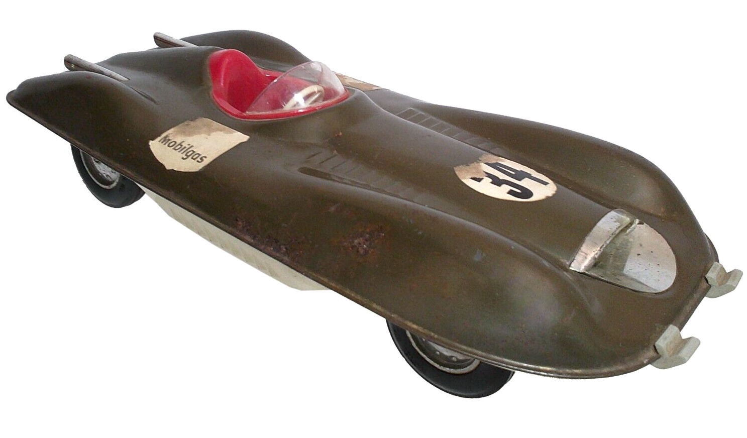 RARE MID-20TH C VINT MOBILGAS 1956 JAGUAR LE MANS ENAMEL PNTD METAL TOY RACE CAR