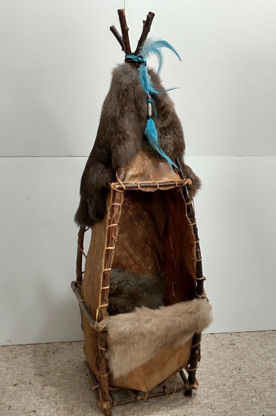 Vintage Native American Style PAPOOSE Hand-Made Rabbit Fur & Phloem Baby Seat