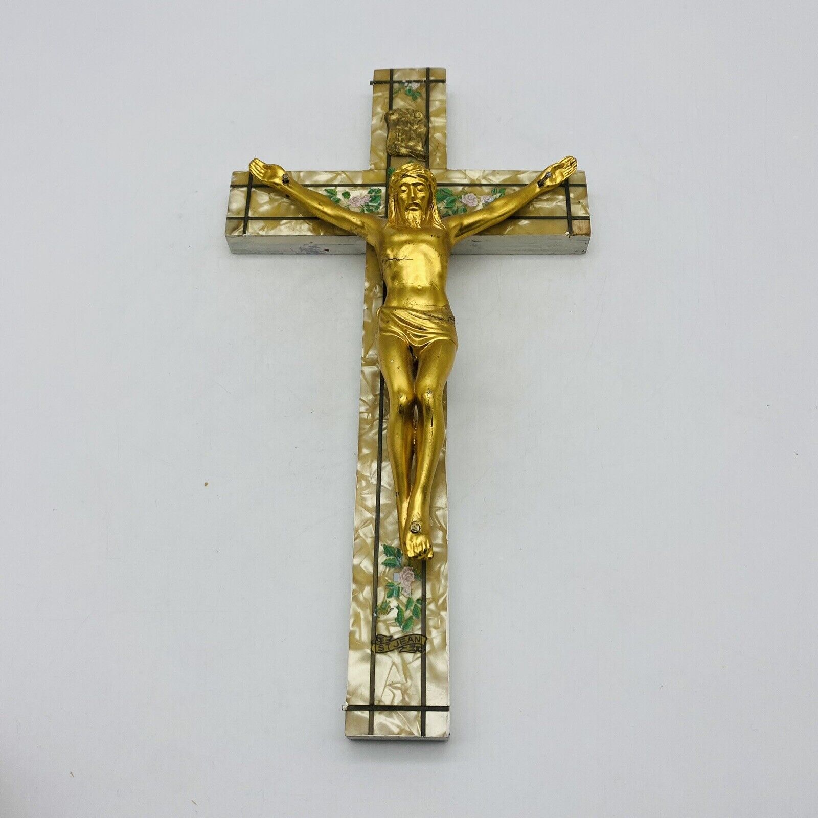 Vintage Wall Crucifix Cross Wood Metal Jesus Catholic Christian Pearlized INRI