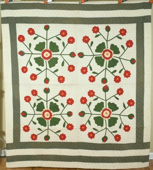 Elegant Vintage 1880\'s Whig Rose Applique Antique Quilt ~AMAZING CONDITION