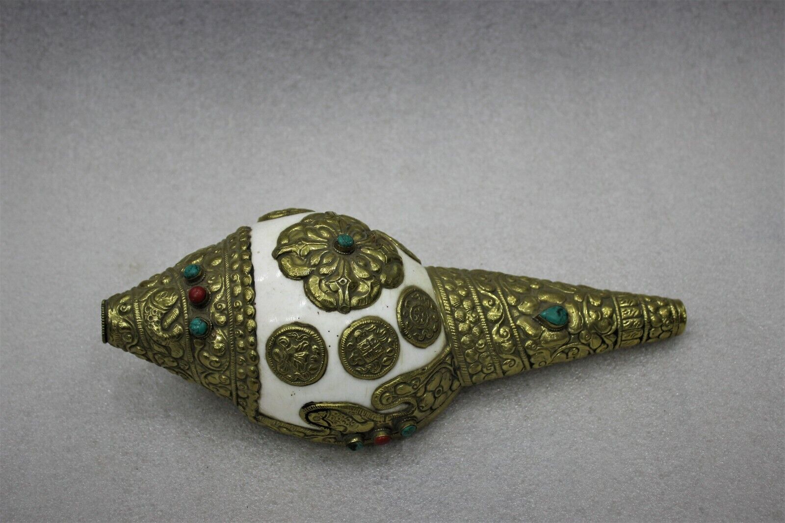 Antique Tibetan Asta Mangal Inlay Left conch Shell Trumpet Instrument  Nepal