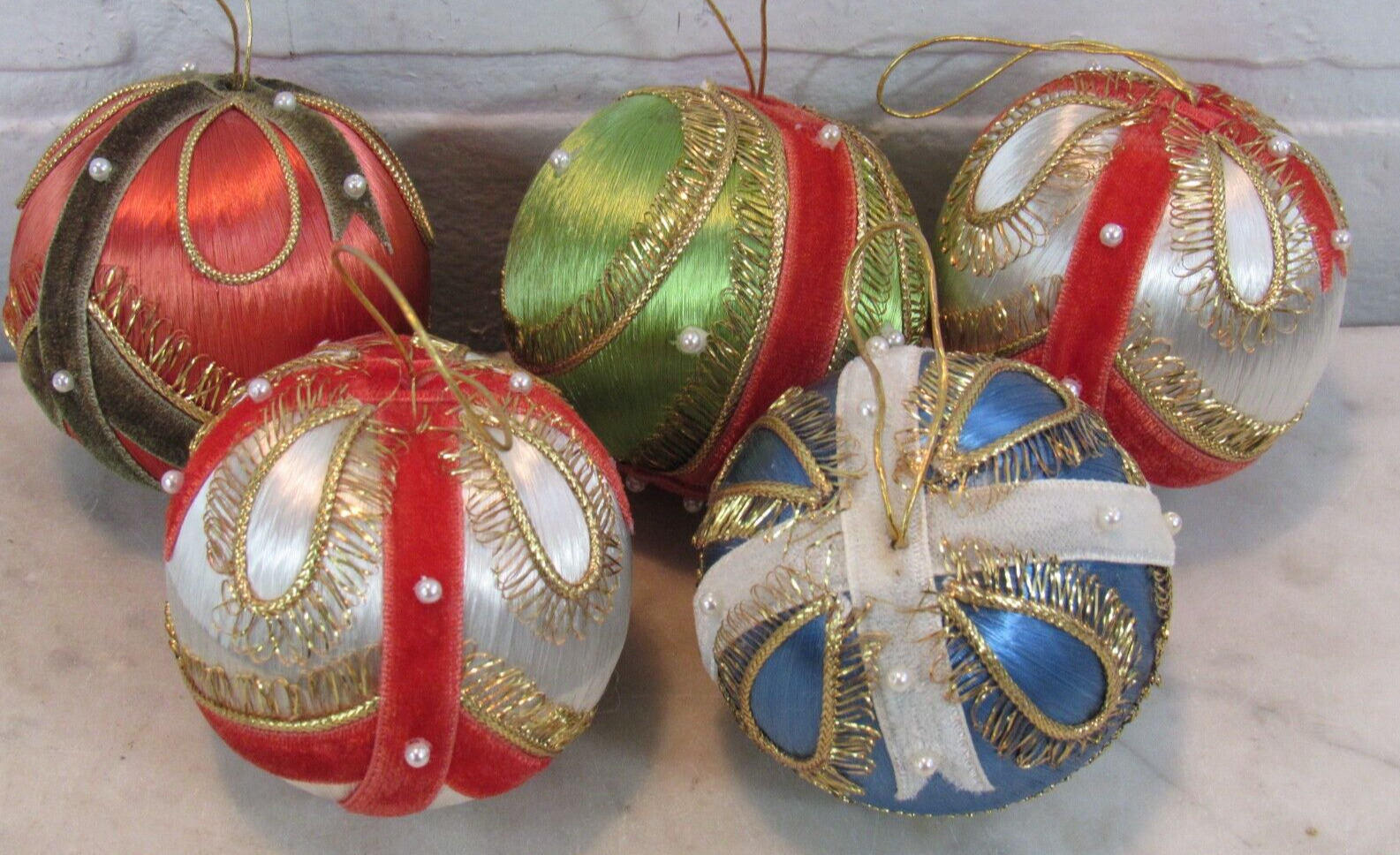 5 MCM Vintage Christmas Satin Ornaments 60s Mid Century Modern Velvet Ribbon