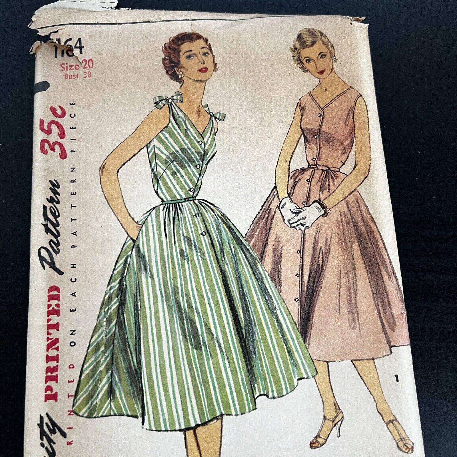 Vintage 1950s Simplicity 1164 Button Front V-Neck Dress Sewing Pattern 20 UNCUT
