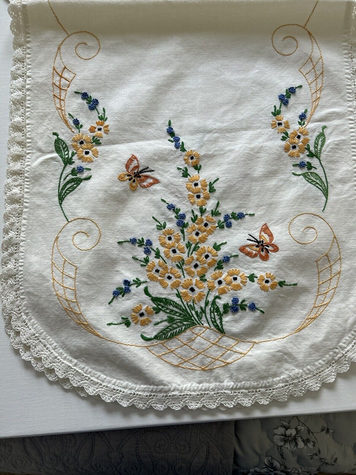 Hand Embroidered Butterflies & Flowers Table Runner Dresser Scarf Vintage 16 X38