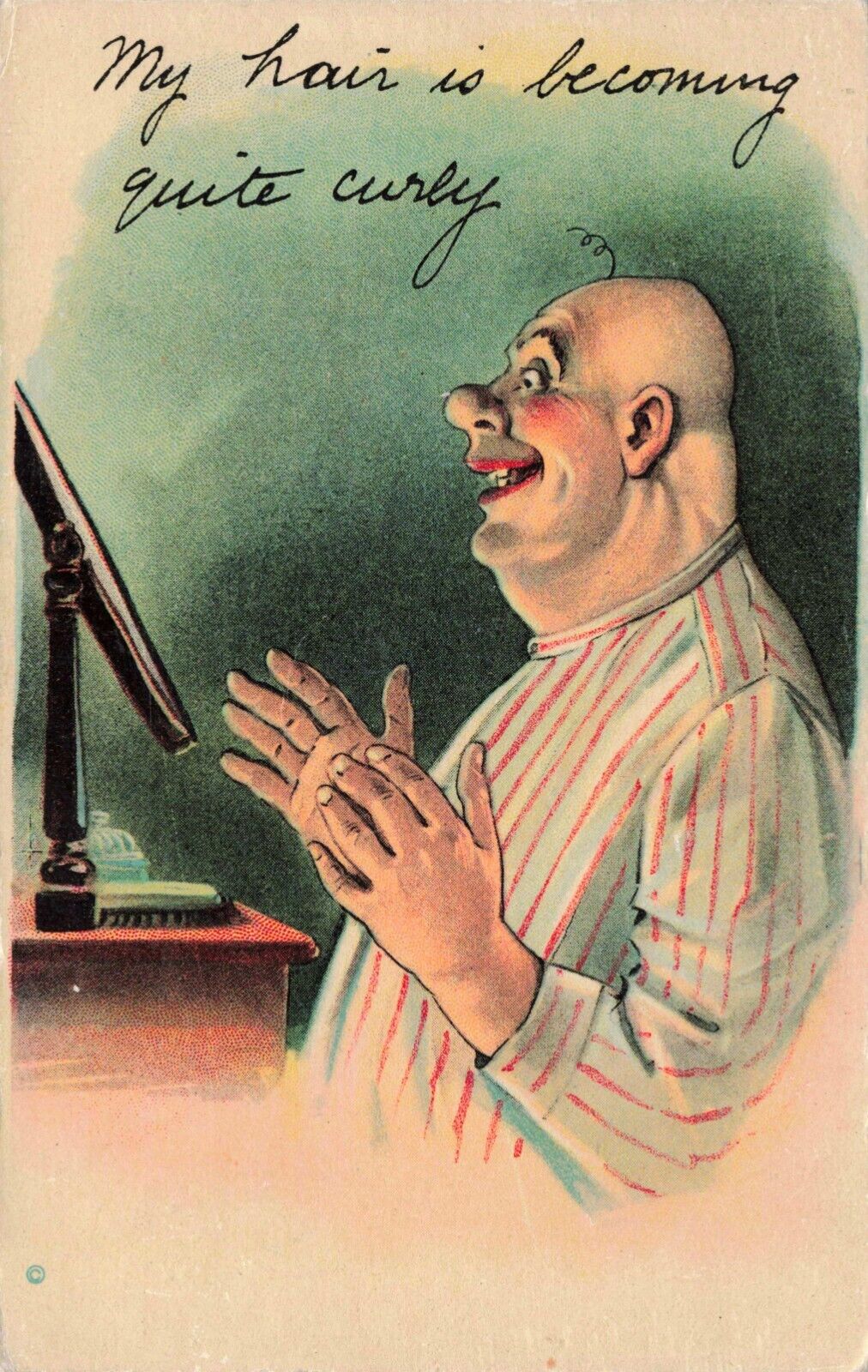 Smiling Bald Man Has One Curly Hair Humor Comic Series #16 Vintage Postcard