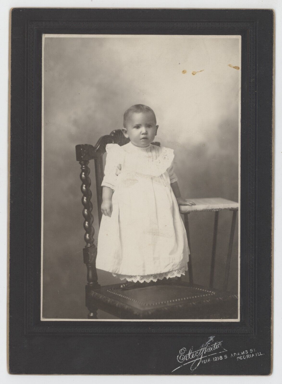 Antique c1900s Cabinet Card Adorable Child in White Dress on Chair Peoria, IL
