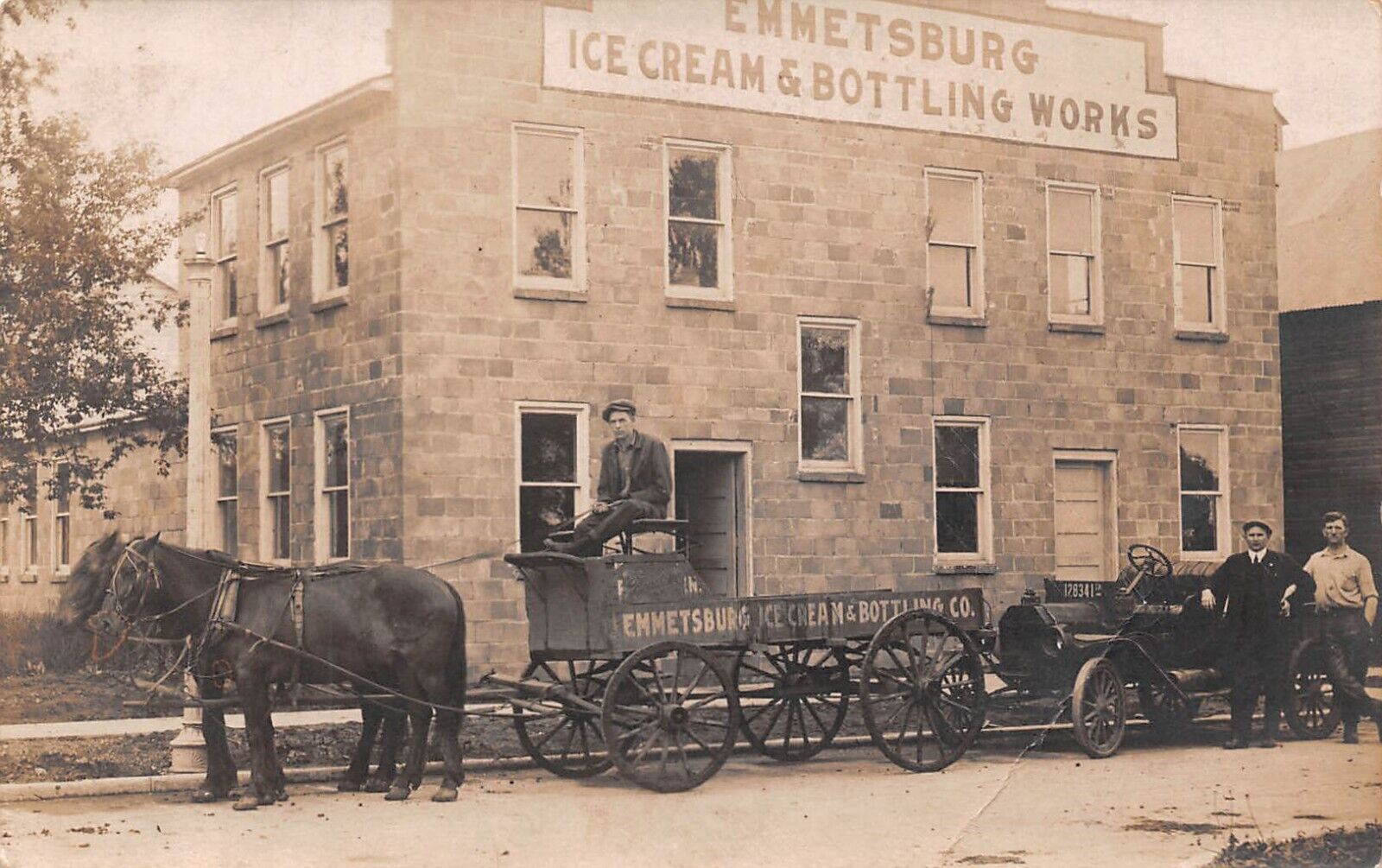 RPPC Emmetsburg Iowa Ice Cream & Bottling Works Horse & Wagon 1916 Postcard