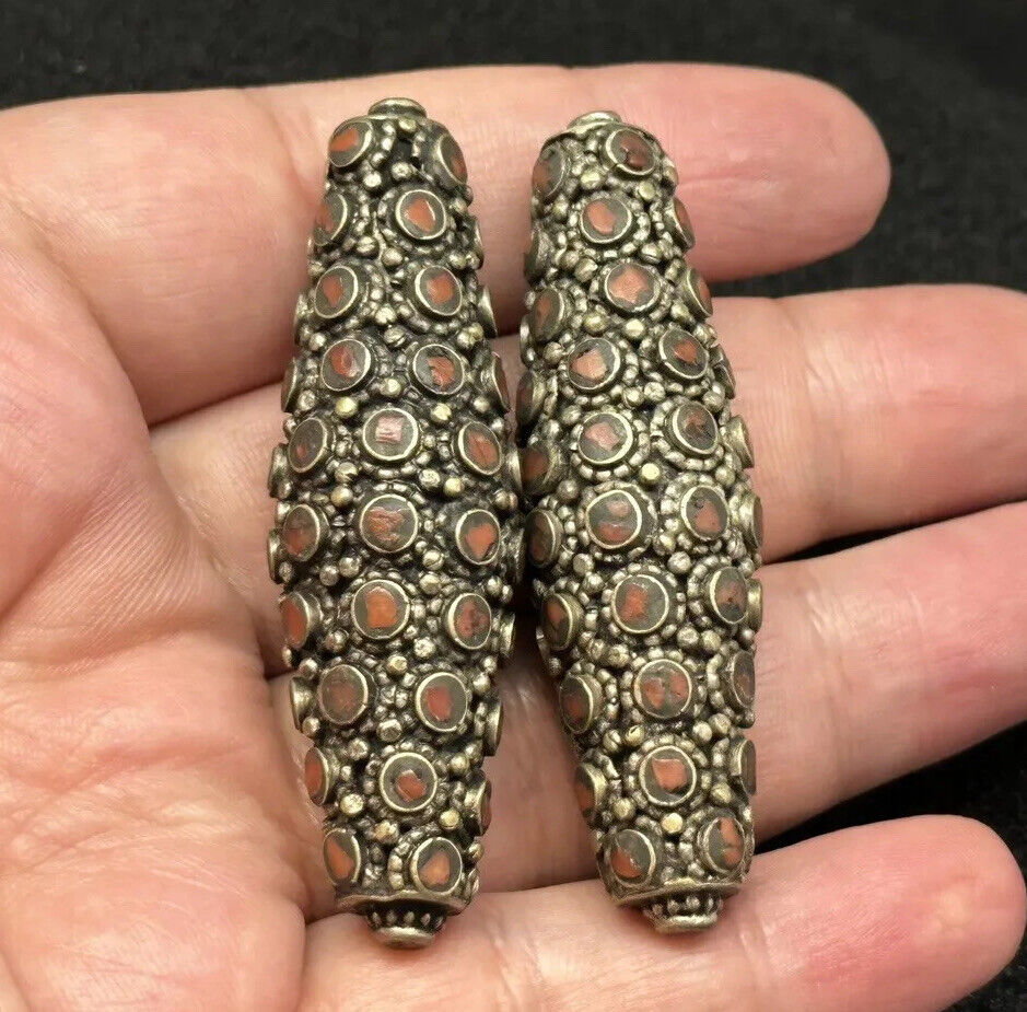 Tibeten Vinatge Old Antique Style 2 Beautiful Spacer Beads Real Brass Coral