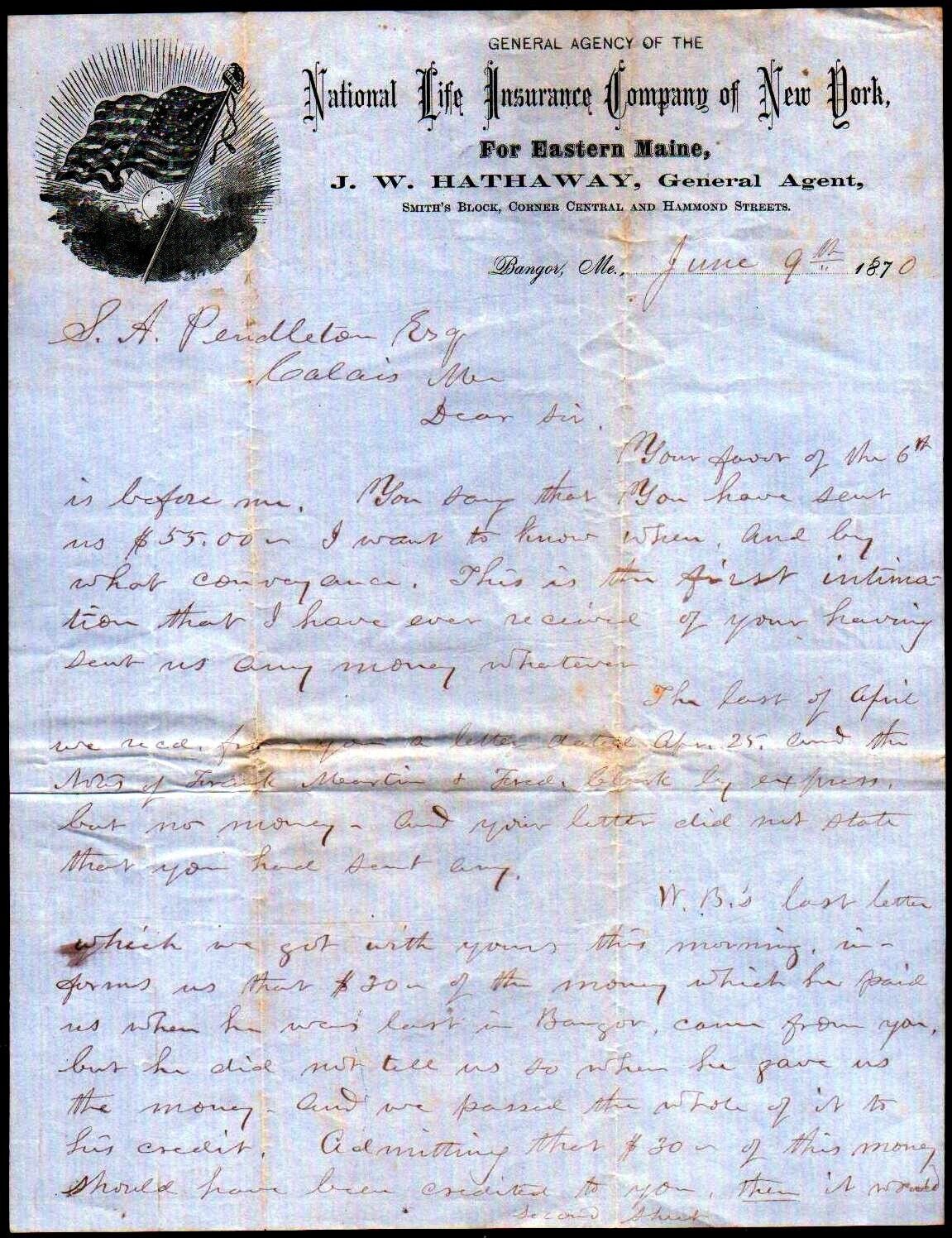 1870 Bangor Me - National Life Insurance Co of New York - Rare Letter Head Bill