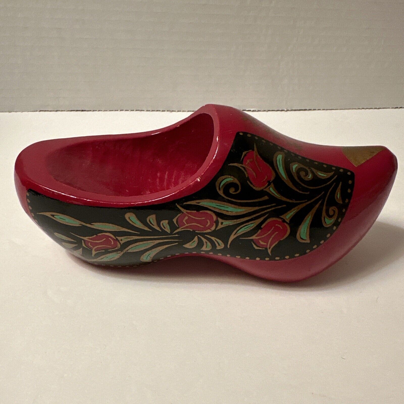 VINTAGE Red Holland Dutch Wooden Shoe Hand Painted w/Floral Motif