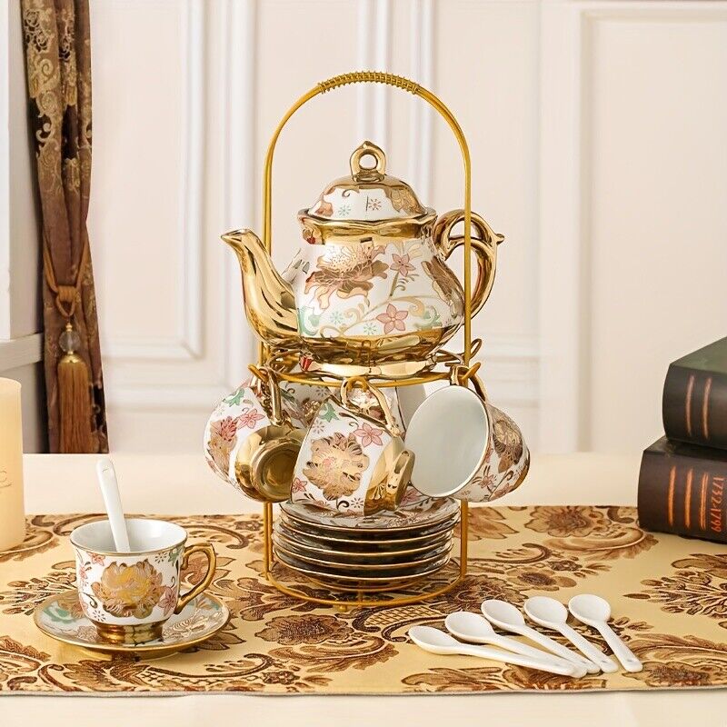 Elegant European Style Ceramic Tea Set with Metal Holder - Perfect for Blooming