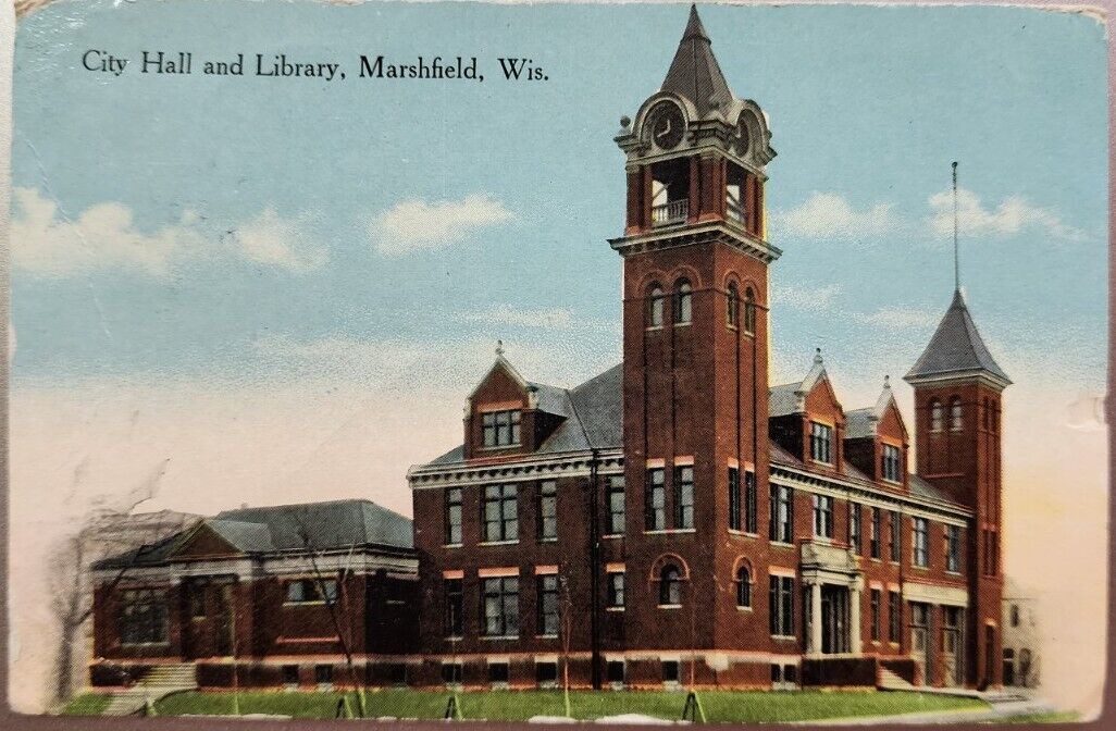 City Hall And Library Marshfield, WI 1914 Vintage