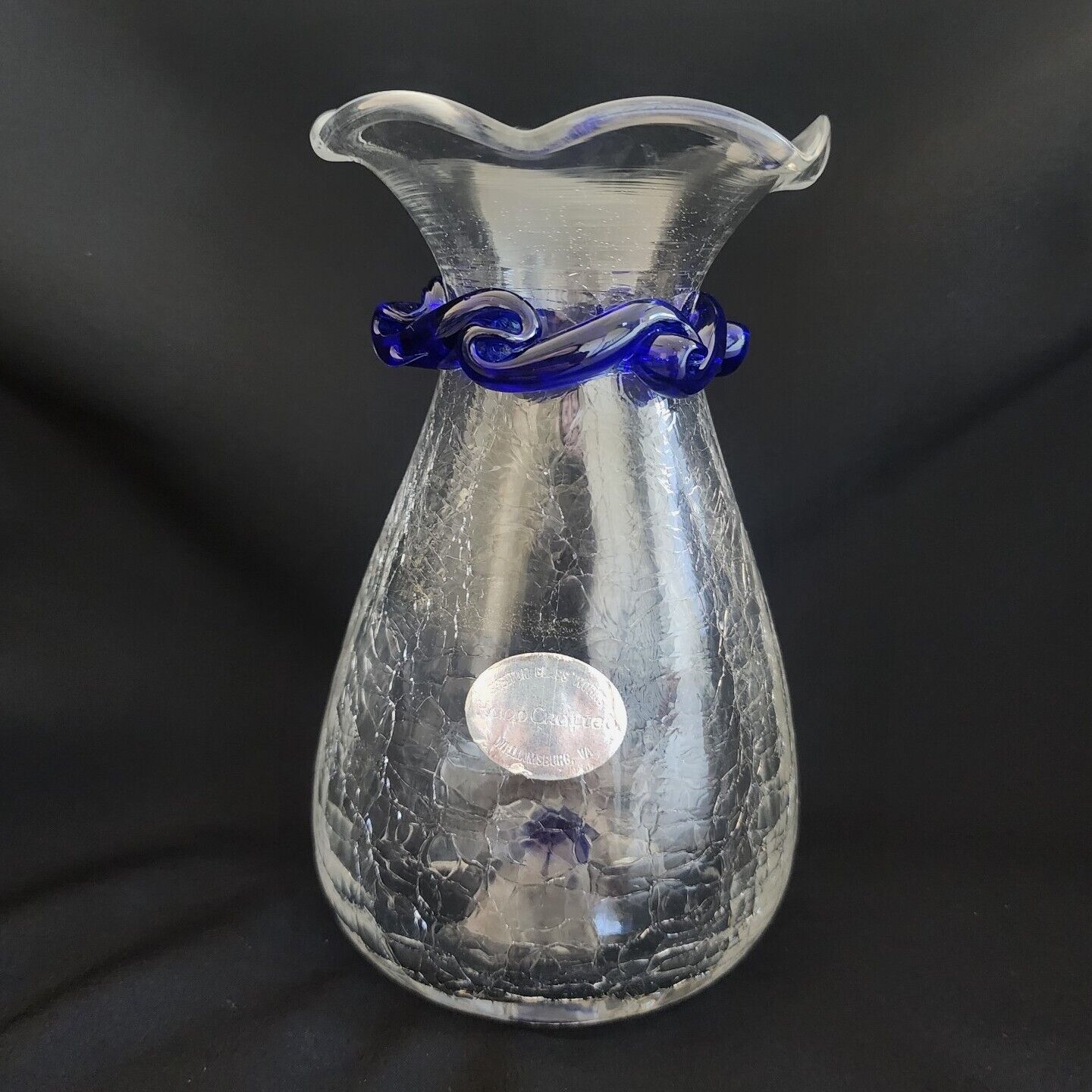 Vintage Shelton Glass Works Clear Crackle Vase Cobalt Rigaree Trim Pontil 6