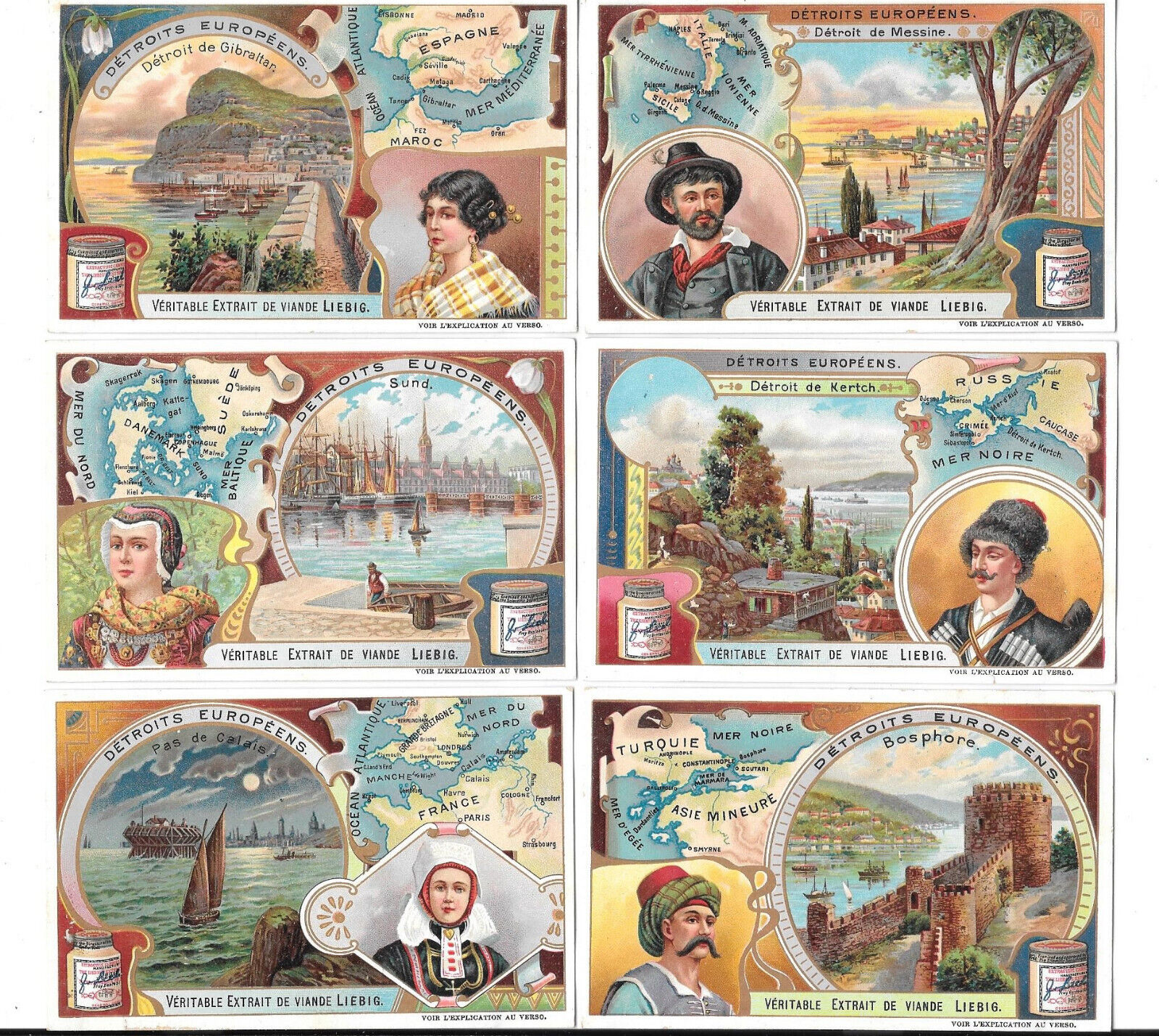 LIEBIG TRADE CARDS, STRAITS IN EUROPE 1906 Set of 6 Cards (S867 No2 French).
