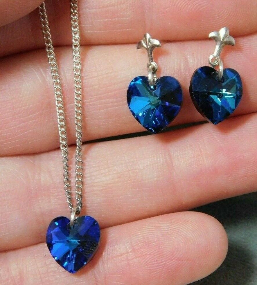 NWT Crystal Blue Aurora Borealis Heart Necklace Earrings 925 Silver Set 2a 57