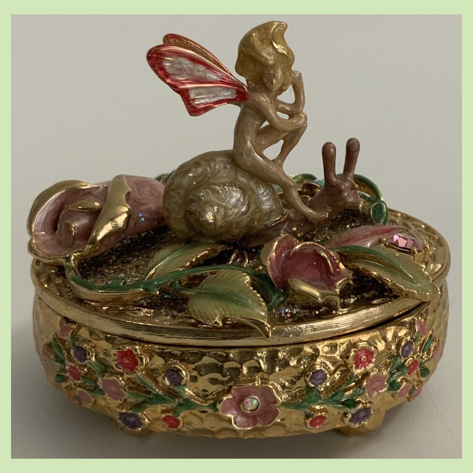 KIRKS FOLLY Fairy On A Snail W/Flowers Gold Tone Trinket Box—2⅜x2¼” - Beautiful