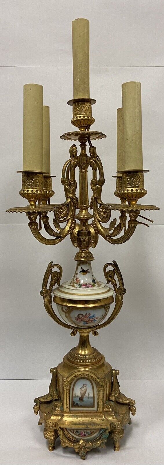 Spectacular antique gilded bronze and ceramic art  table lamp