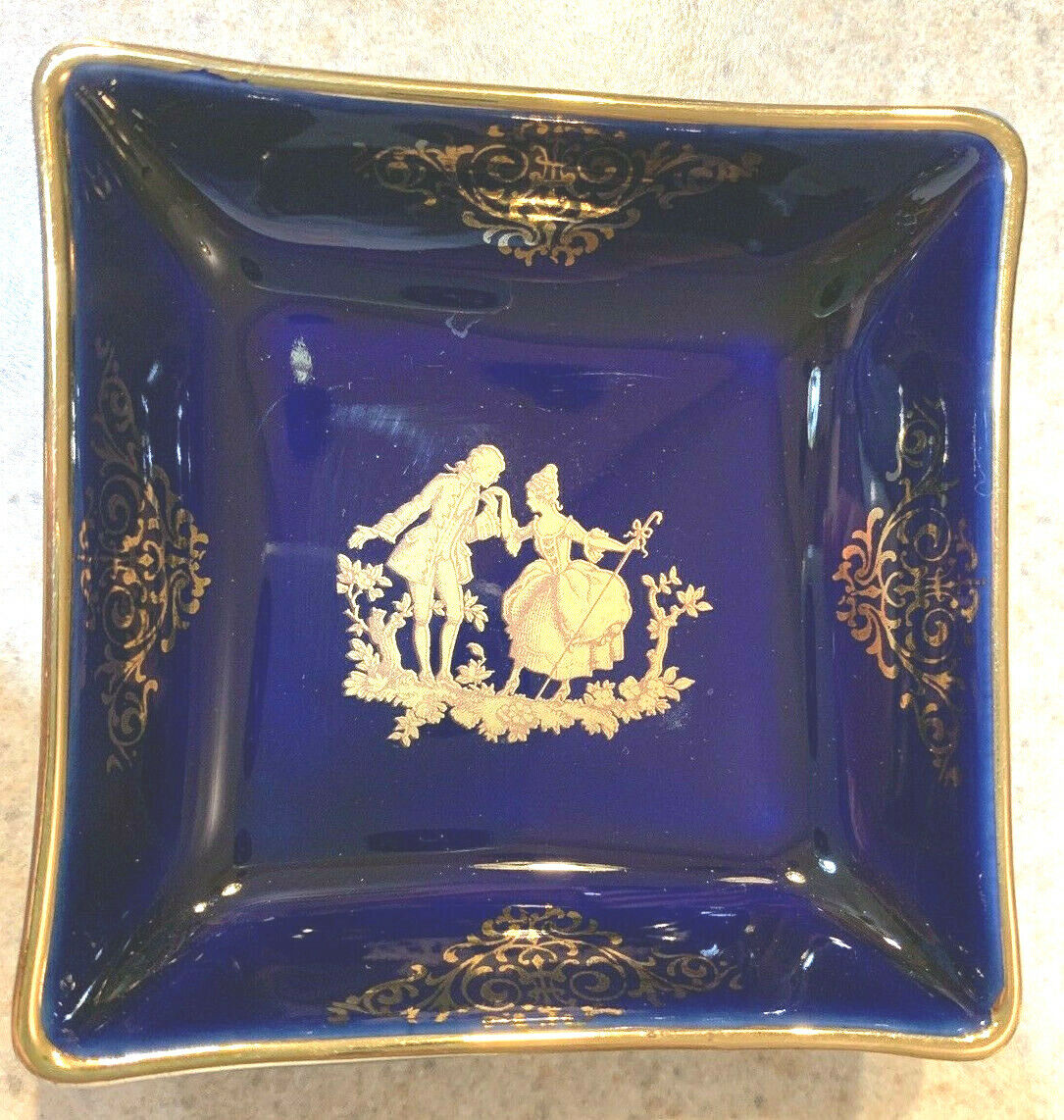 Limoges France Porcelain Miniature Dk Blue Square Trinket Dish-Courtship-22kGold