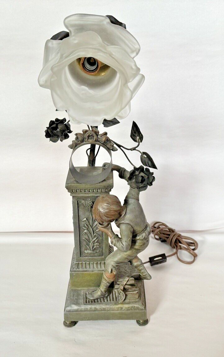 Antique French Art Nouveau Boy Fountain Juan Terville Spelter Floral Glass Lamp