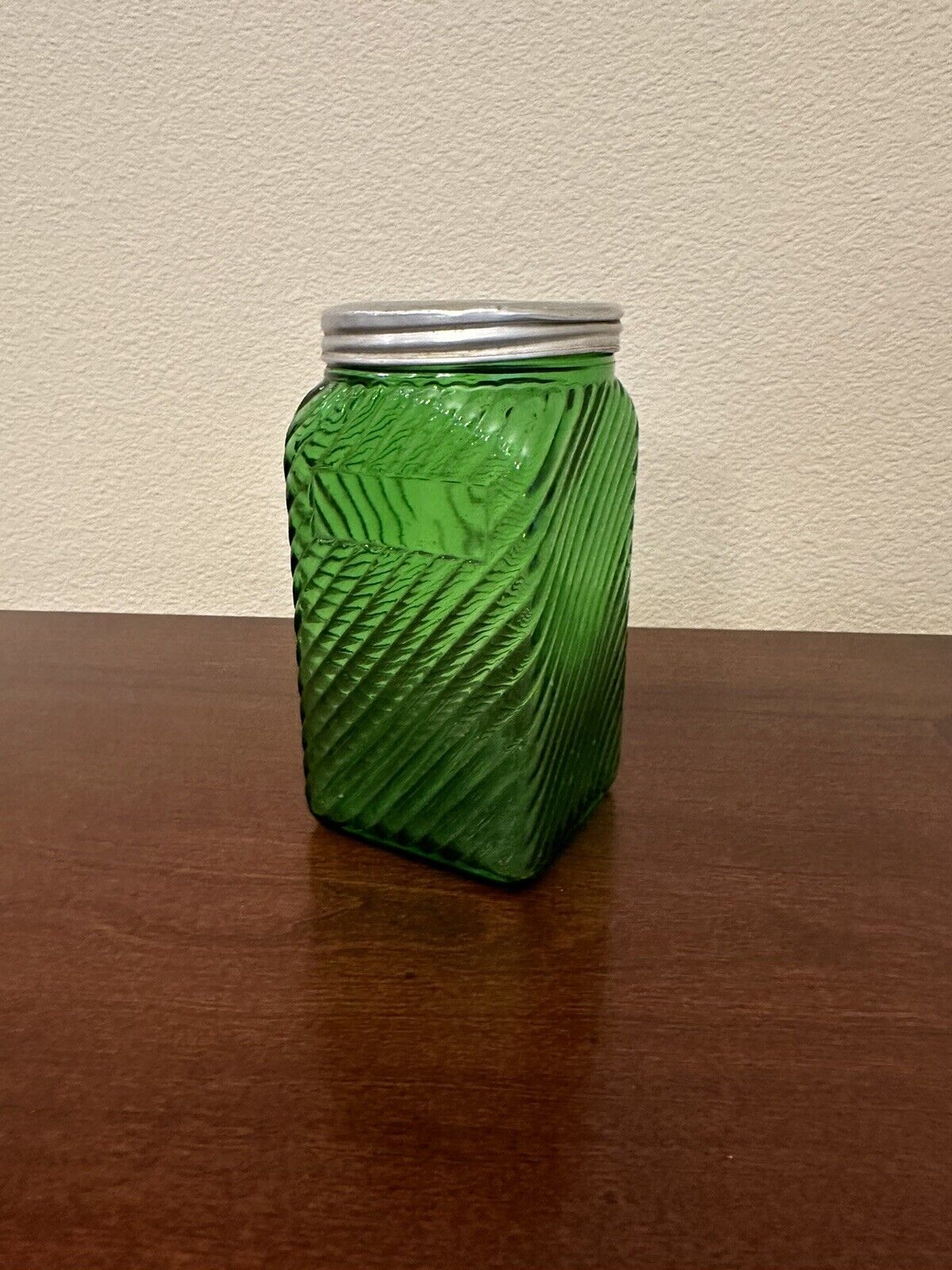 Vintage Owens Illinois Glass Green Hoosier Depression Ribbed Canister 