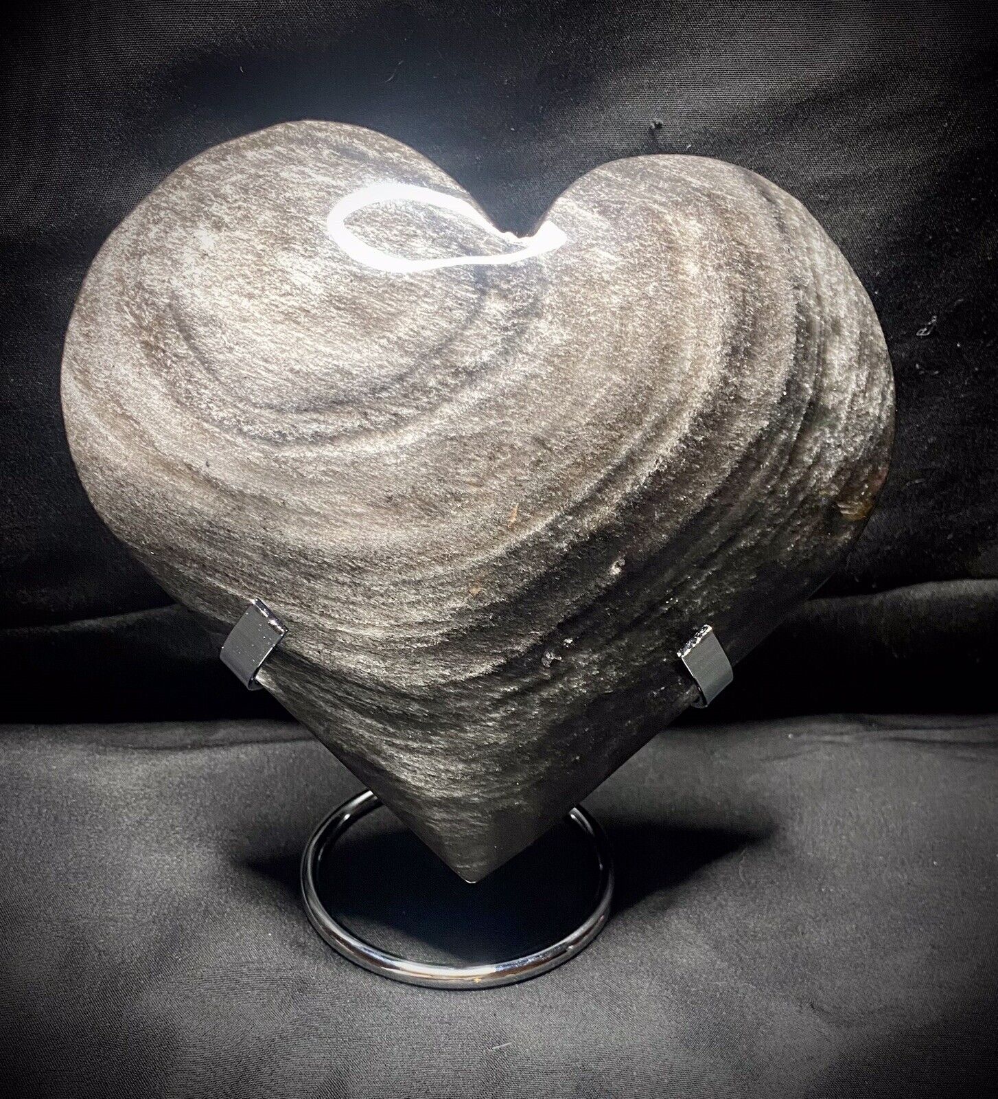 Large Silver Obsidian Heart Carving With Stand