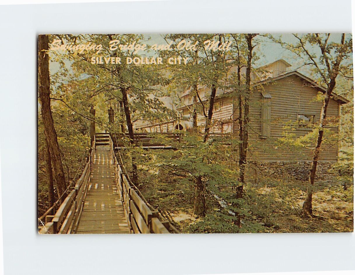 Postcard Swinging Bridge and Water Wheel Powered Grist Mill Branson Missouri USA