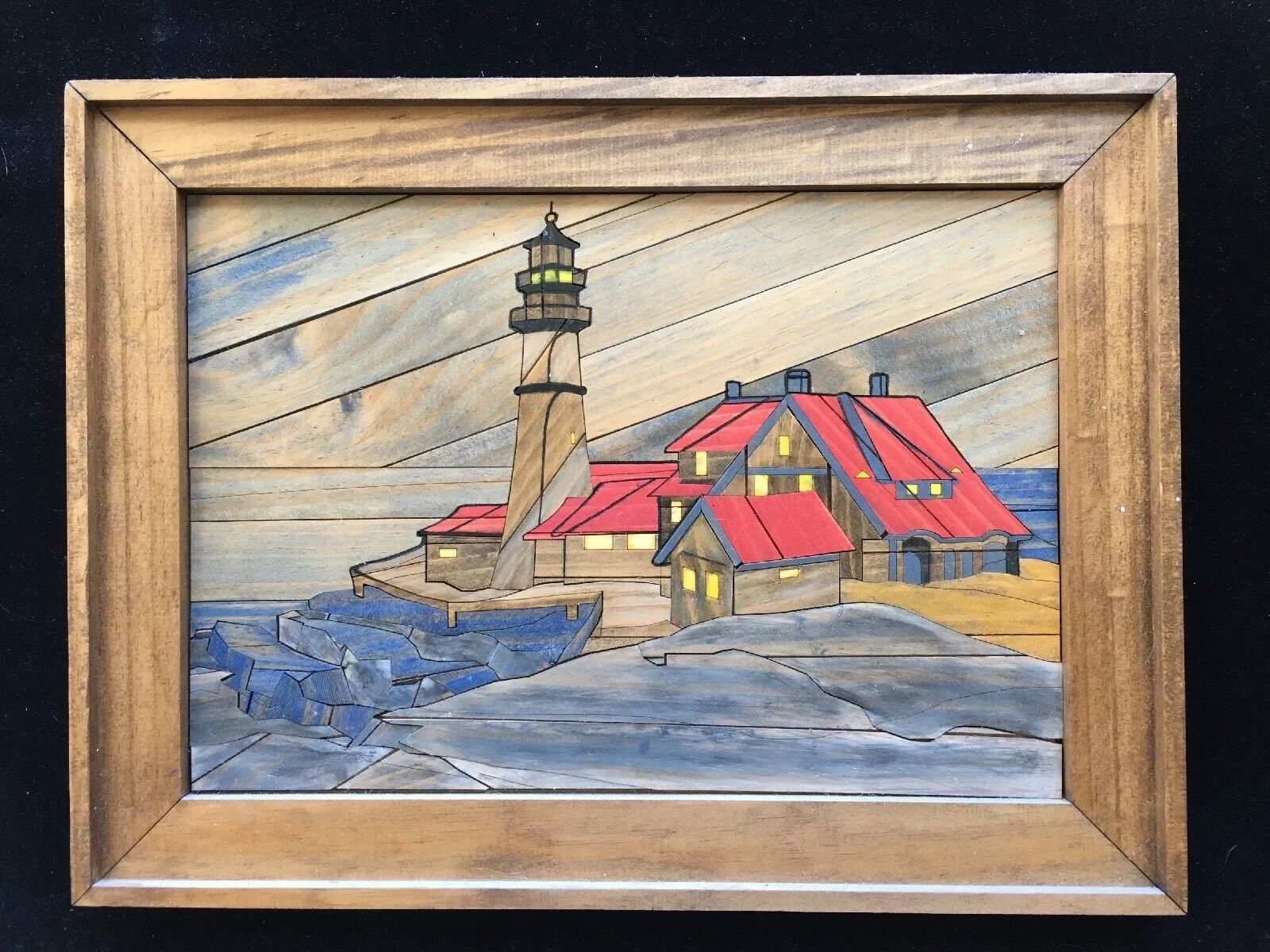 16”x11” Lighthouse & Cabin Wood Carved Puzzled picture sculpture art