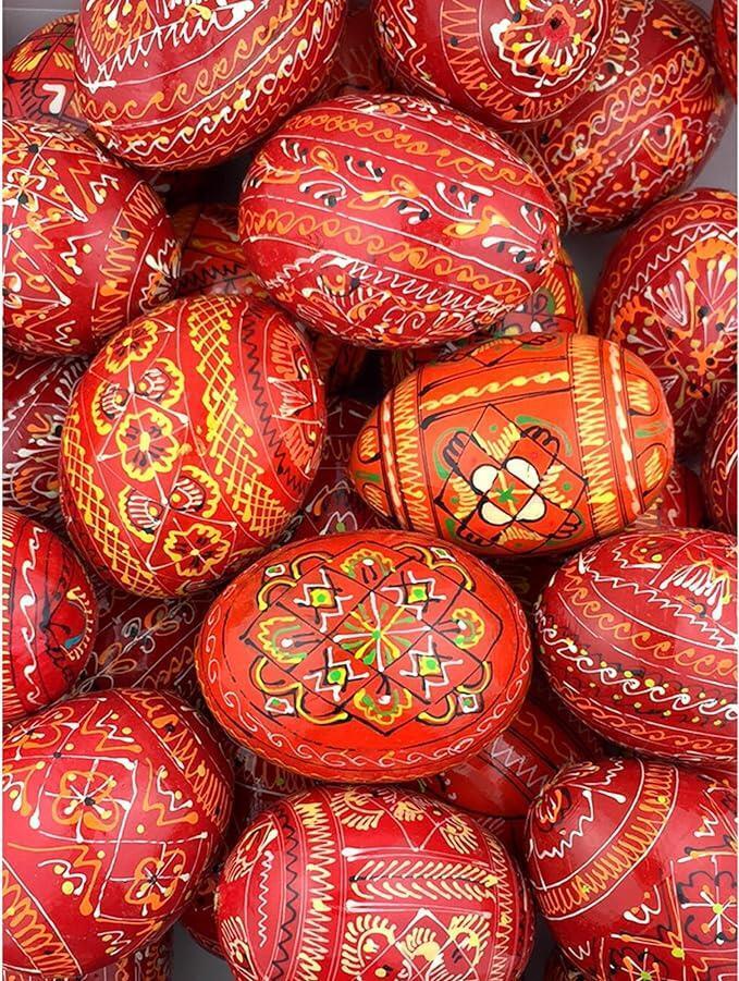 8 Pack Assorted Hand Painted Design Red Wooden Pysanky Egg Easter Eggs 2 5/8 In