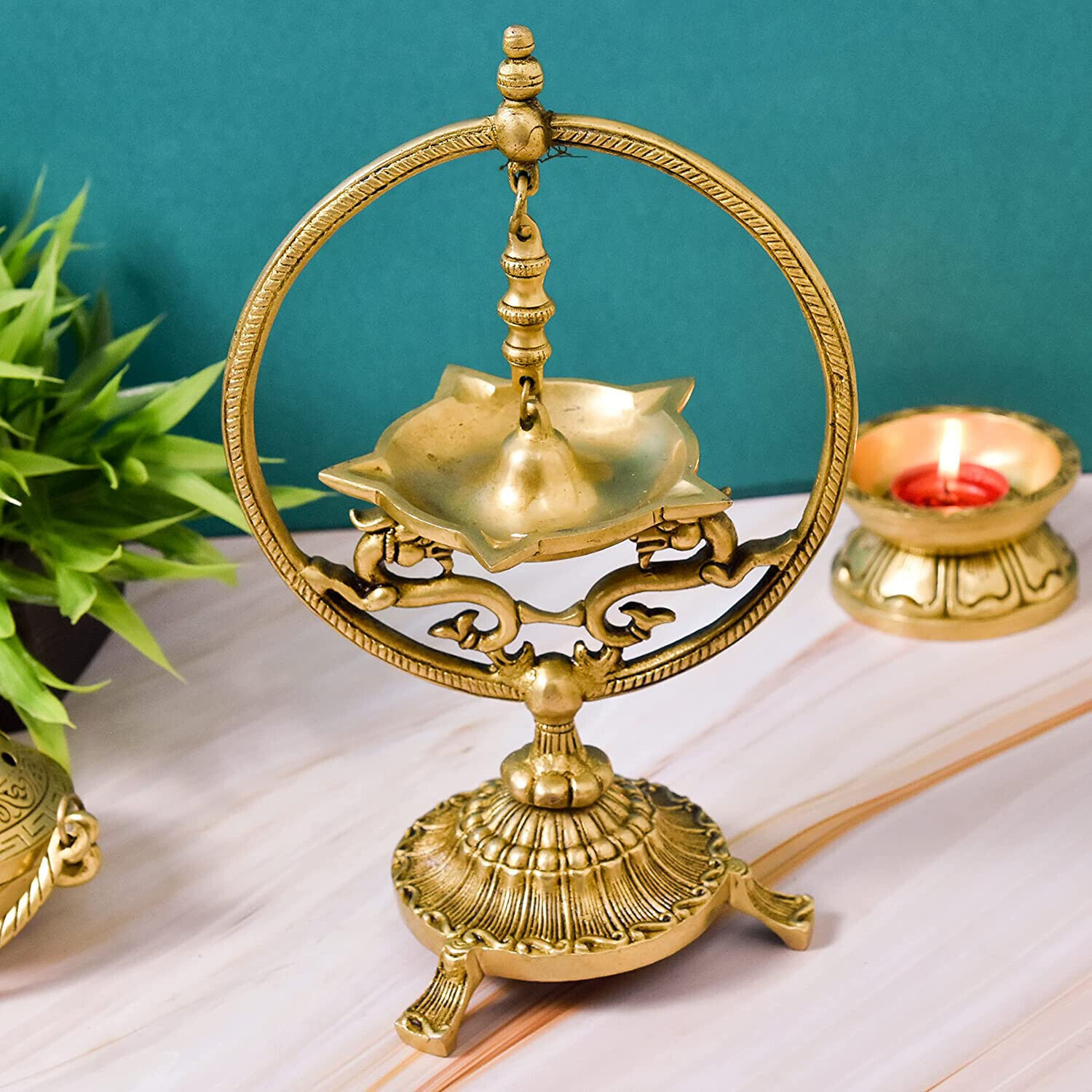 Indian Traditional Ring Design Brass Table Diya For Puja & Decor 10.25 Inchs