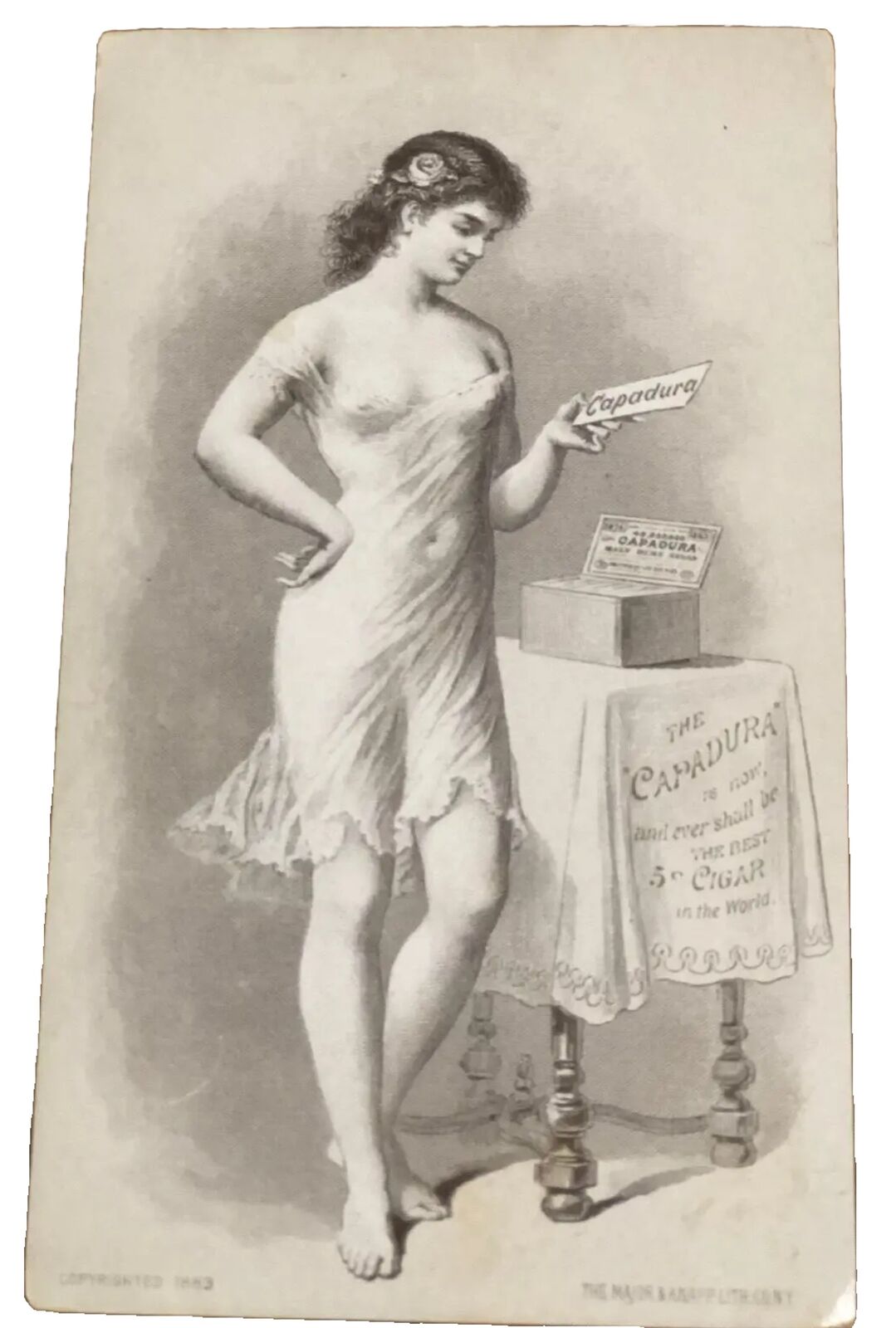 Capadura Cigar Card Risque Woman Victorian Trade Card 1880s Sexy Brunette Girl