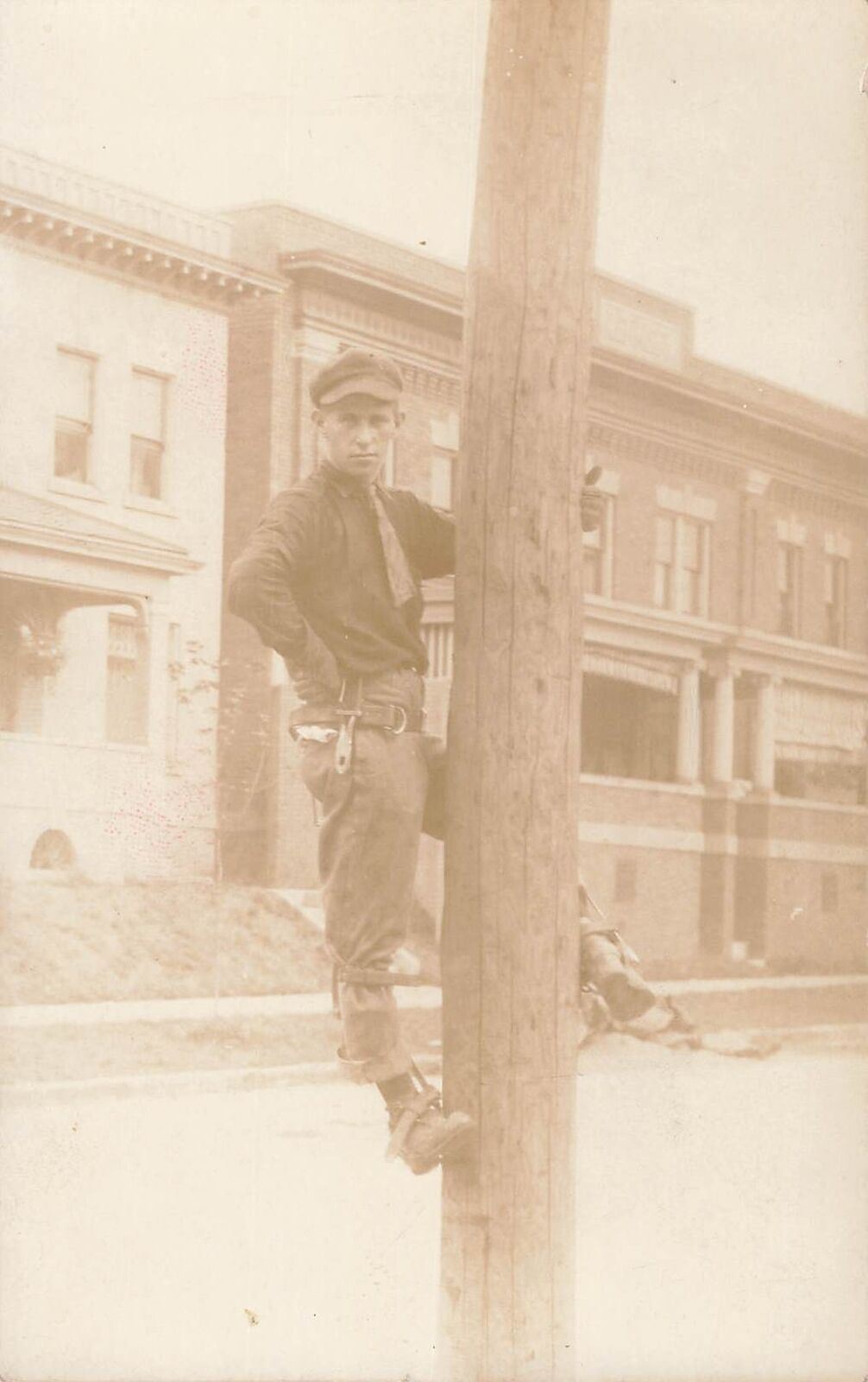 Vintage RPPC Occupational Lineworker Line Worker Telephone Pole Photo Postcard