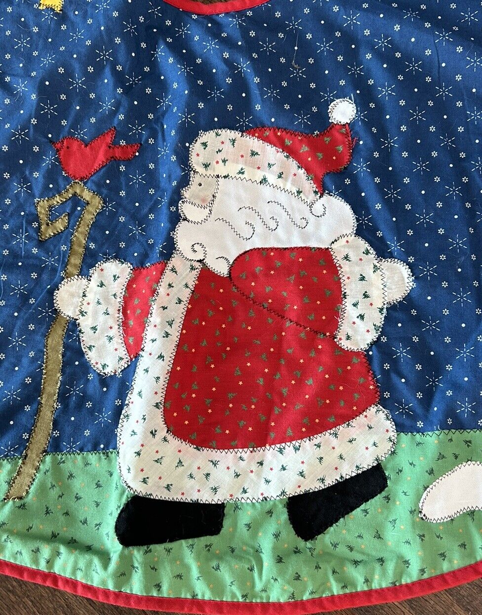 Vintage Quilted Christmas Tree Skirt 39” Santa Reindeer Snowman Blue Red Green