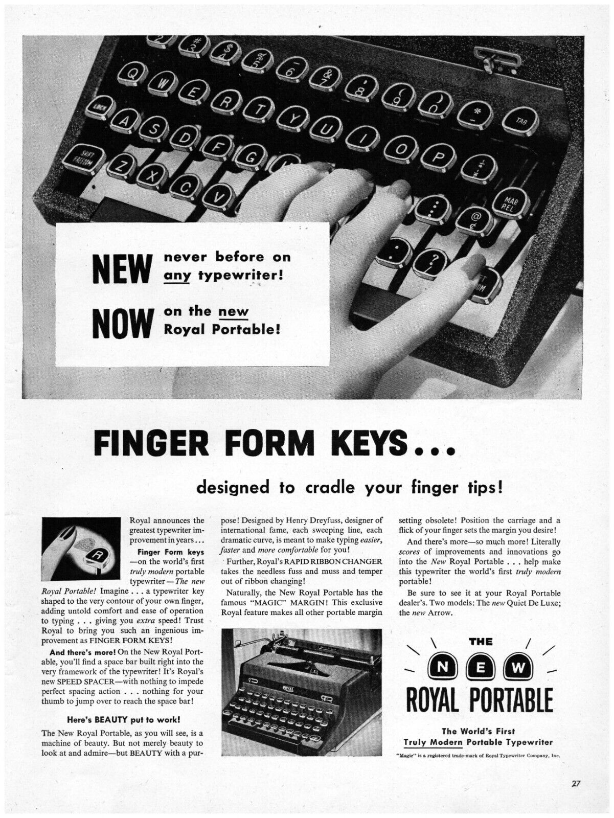 1948 Royal Portable Typewriter Vintage Print Ad Finger Form Keys Truly Modern 