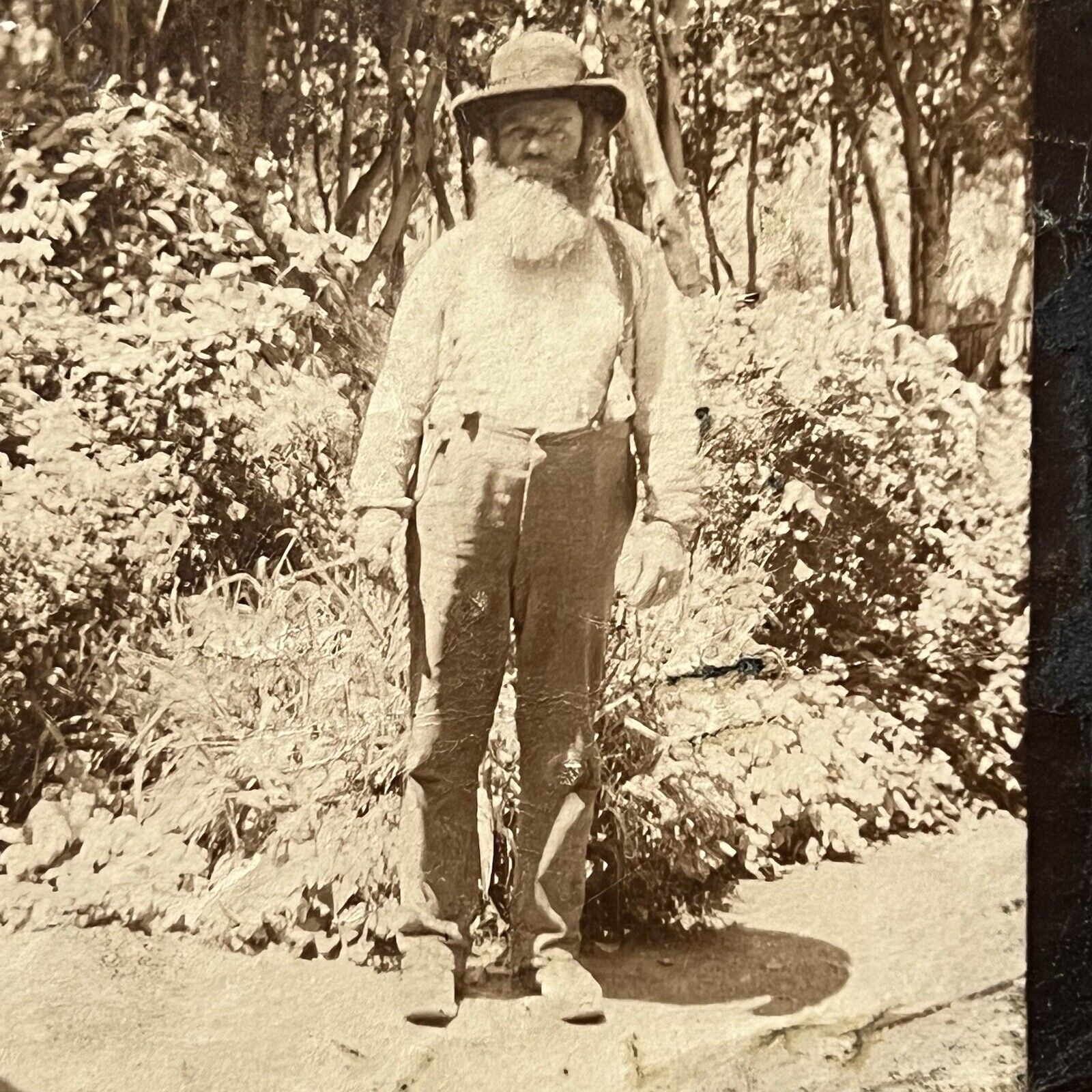 Antique Sepia Snapshot Photograph Bearded Mountain Man With Suspenders