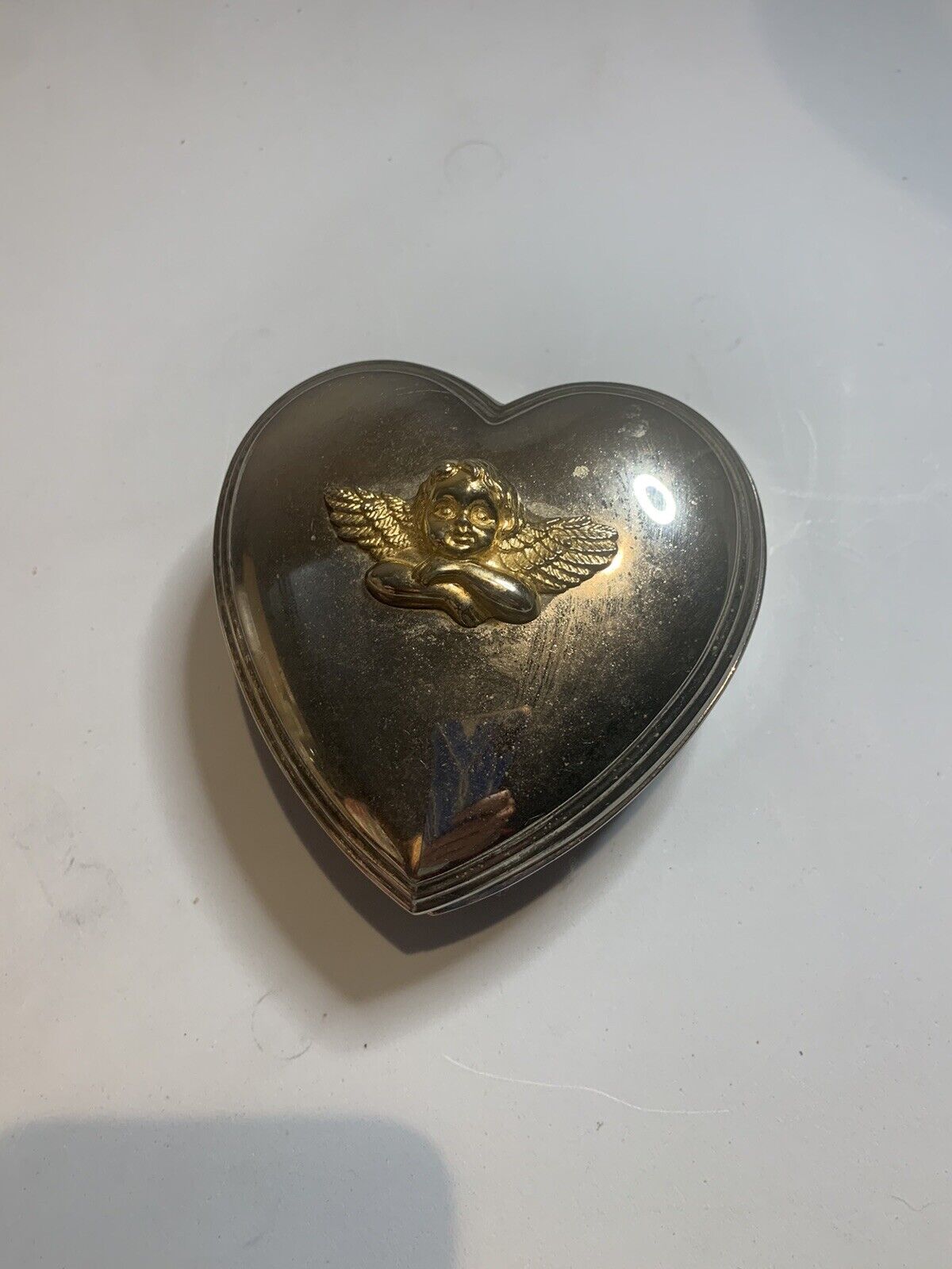 Vintage Silver Heart Shaped Cupid Trinket Dish