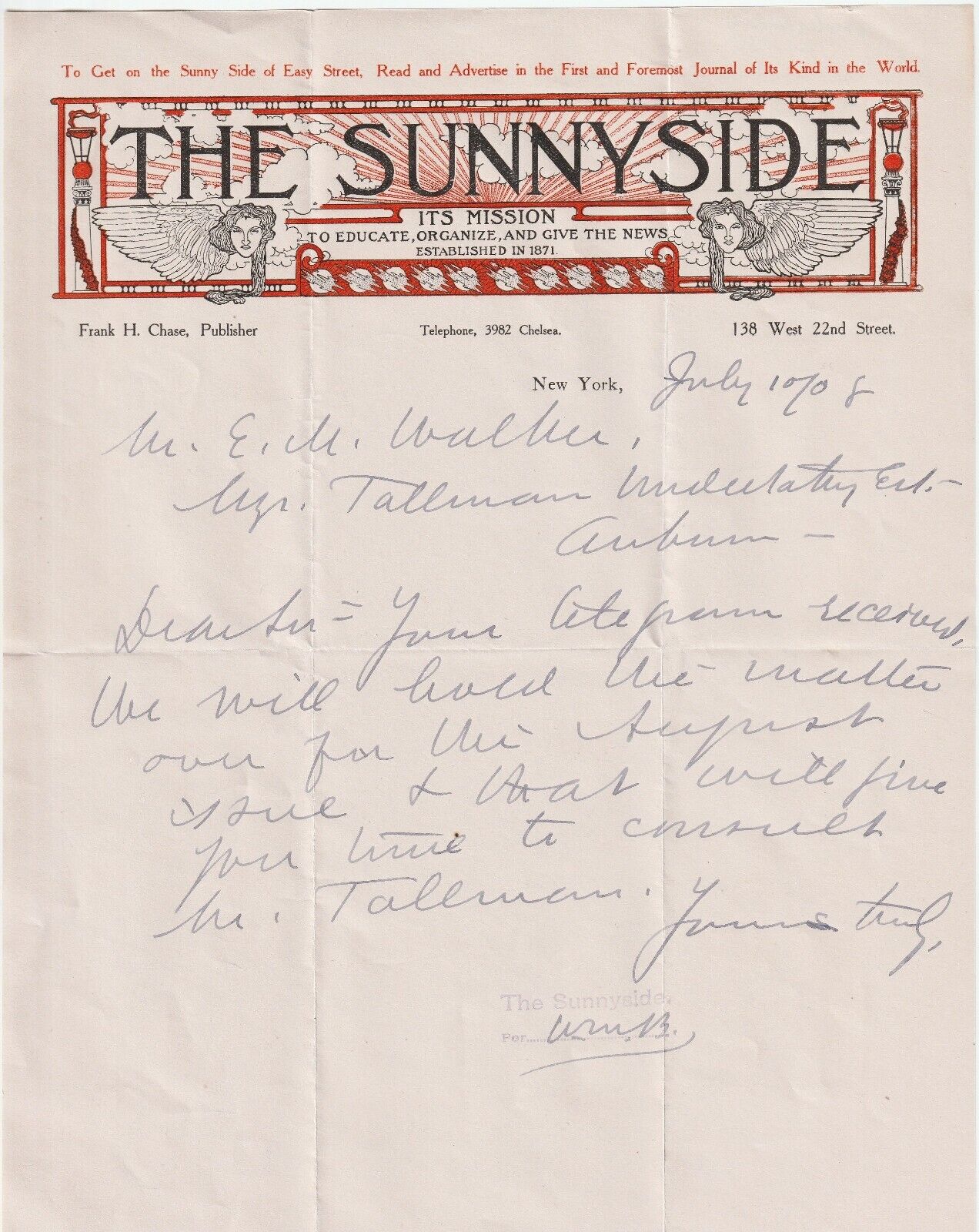Art Nouveau Letterhead- Sunnyside Funeral Undertaking Embalmer Journal 1908 RARE