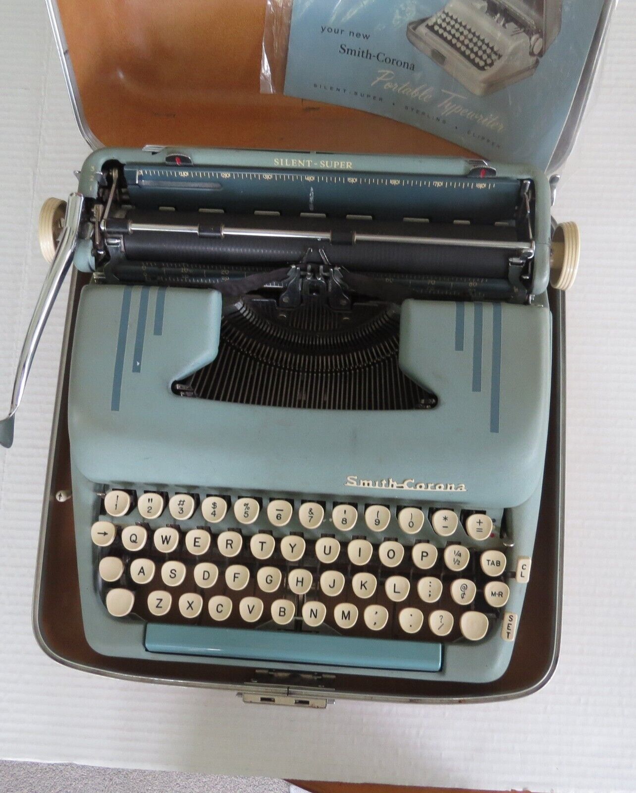 Smith Corona Silent Super Blue Series Portable Typewriter w/ Case & Manual FLAW