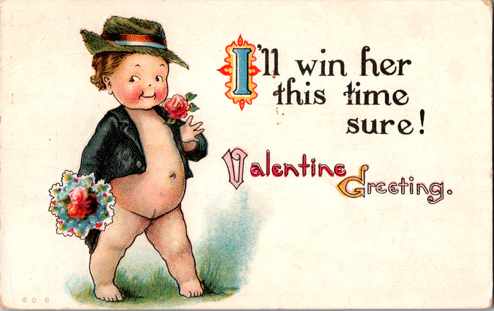 Vintage C 1910 Hopeful Chubby Young Boy Giving Flowers Cupid Valentine Postcard