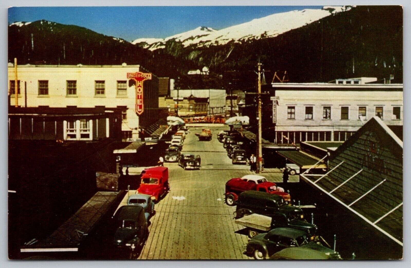 Ketchikan Alaska Pulp Mill Birds Eye View Old Cars Snowcapped Mountains Postcard