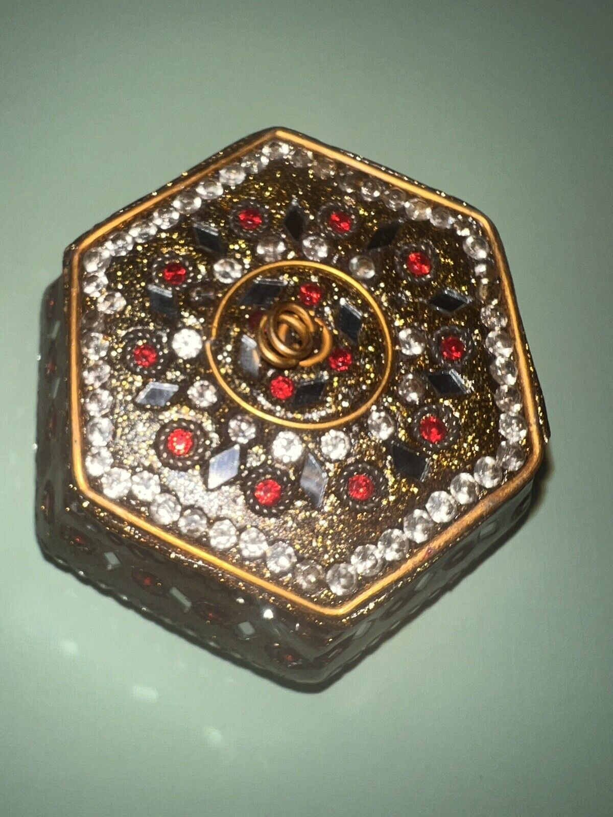 Vintage Jeweled & Mirrored Trinket Box With Brass Accents Octagonal Shape