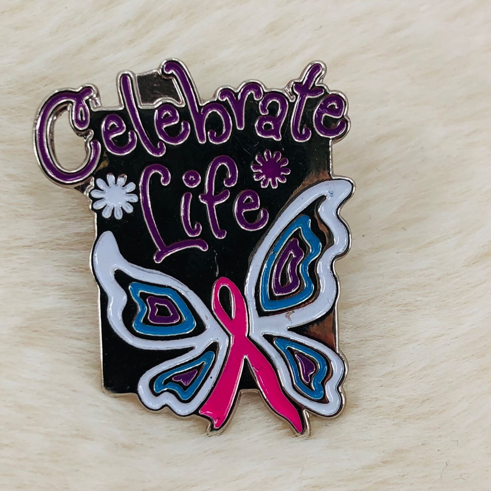 Celebrate Life Breast Cancer Support Pink Ribbon Lapel Pin w/ Butterfly