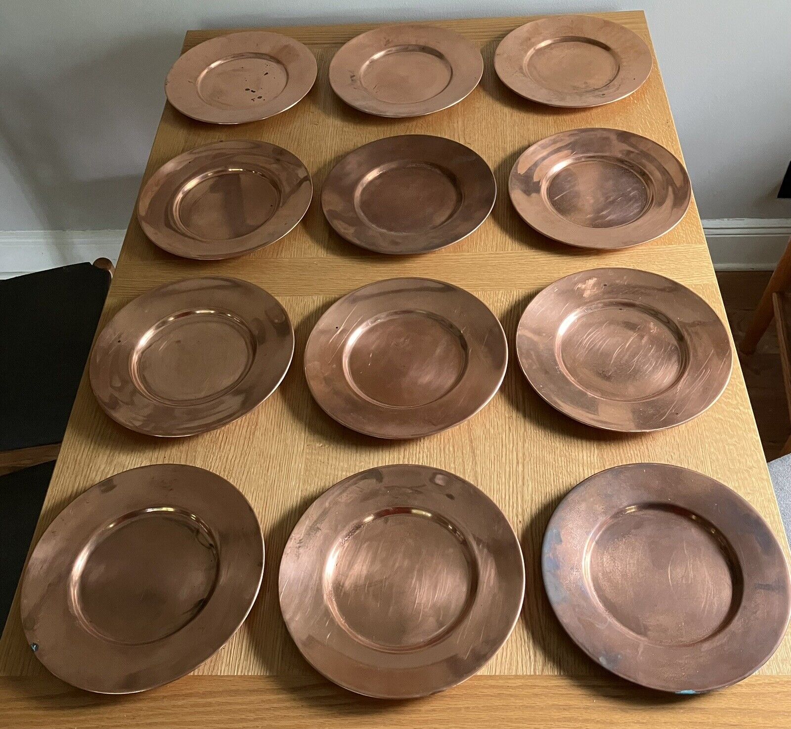 Dozen Vintage Copper Charger Plates, Set of 12 Lot