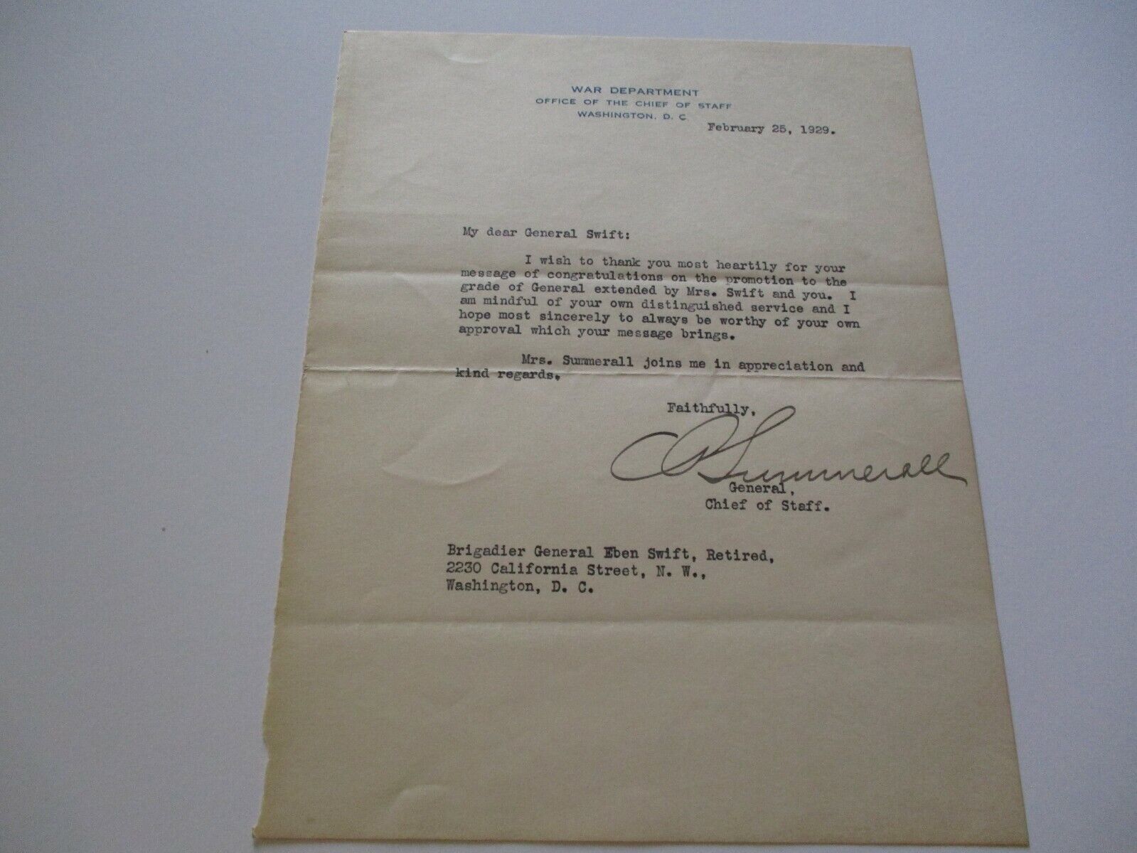  CHARLES PELOT SUMMERALL SIGNED LETTER AUTOGRAPH AMERICAN ARMY OFFICER WW1 RARE