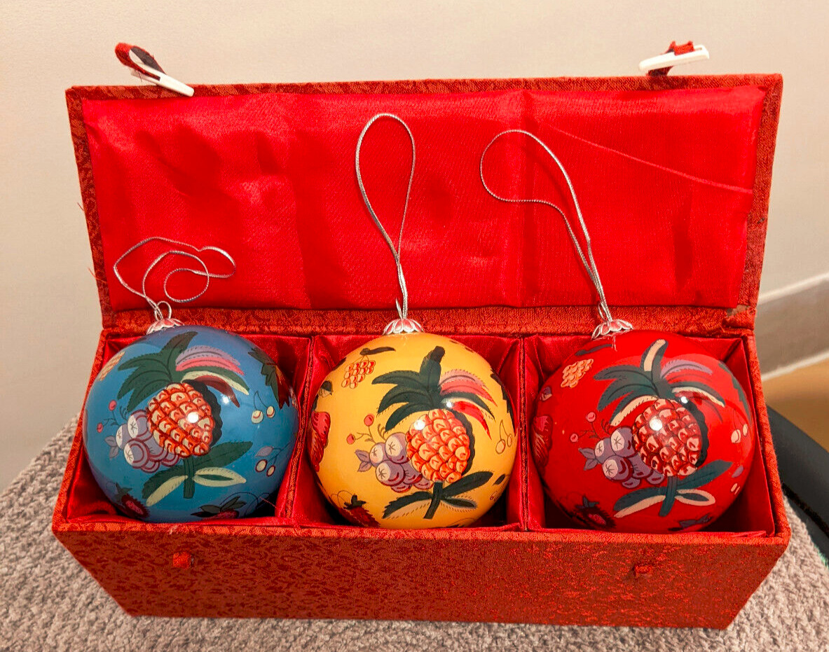 French  Vintage  Holiday Fruchie Pierre Deux  Hand Painted Glass Ornament Set