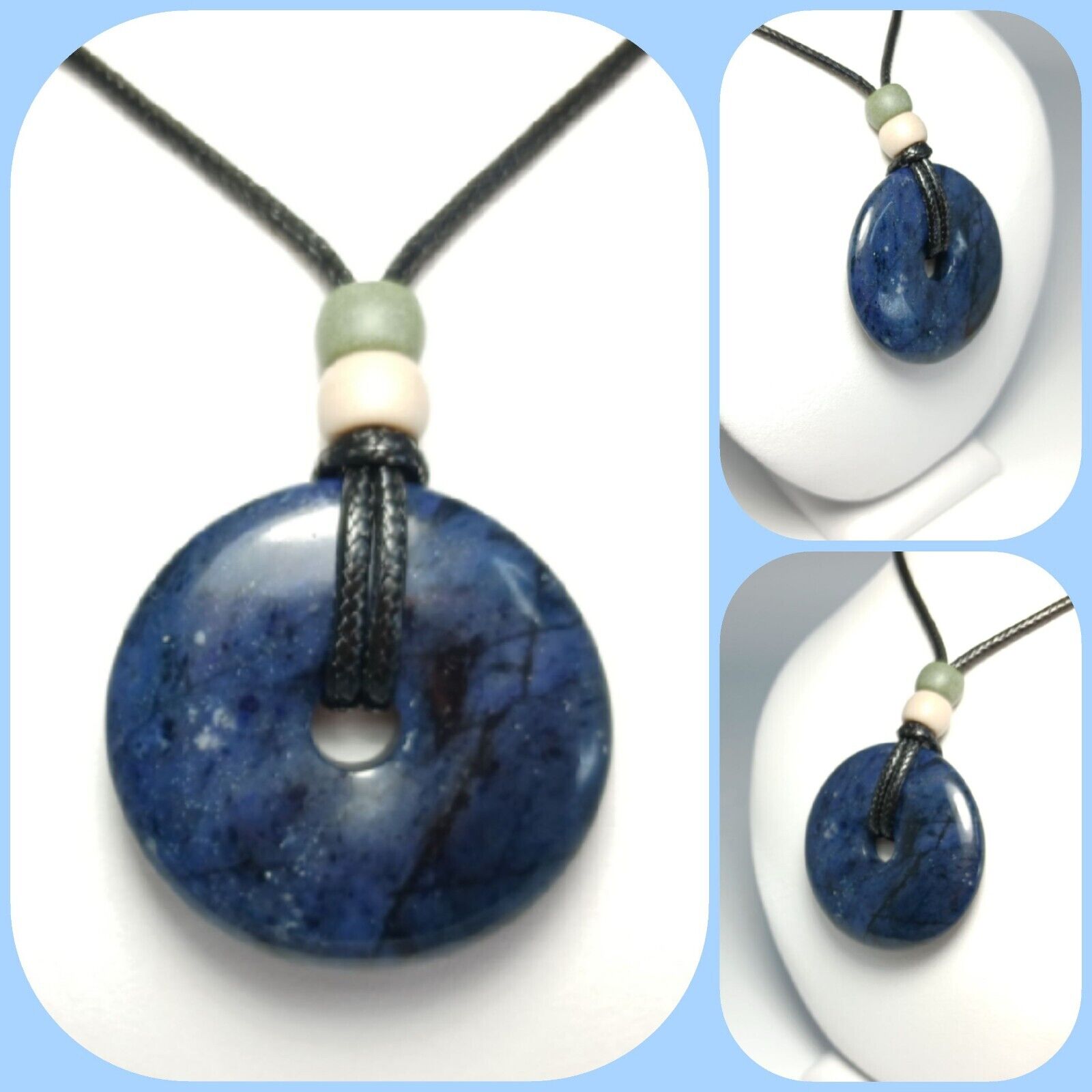 Blue Dumortierite Donut 40mm Pendant Necklace Black Braided Cord Lobster Clasp 
