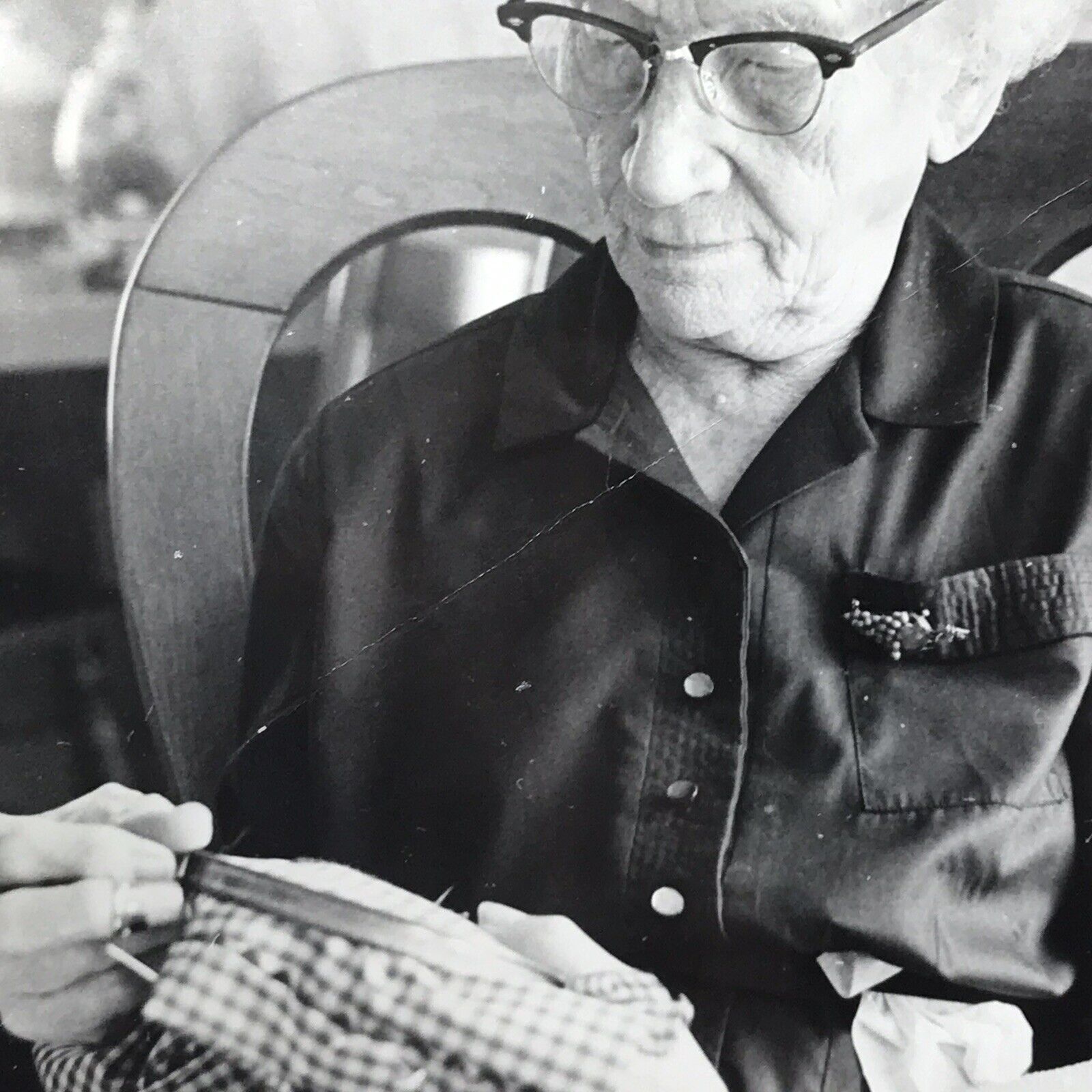 Vintage Black and White Photo Old Elderly Woman Doing Needlepoint Glasses 