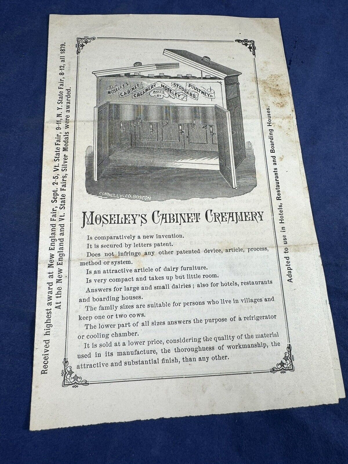1879 Brochure MOSELEY'S CABINET CREAMERY ~ Hotels, Restaurants ~ Poultney, VT