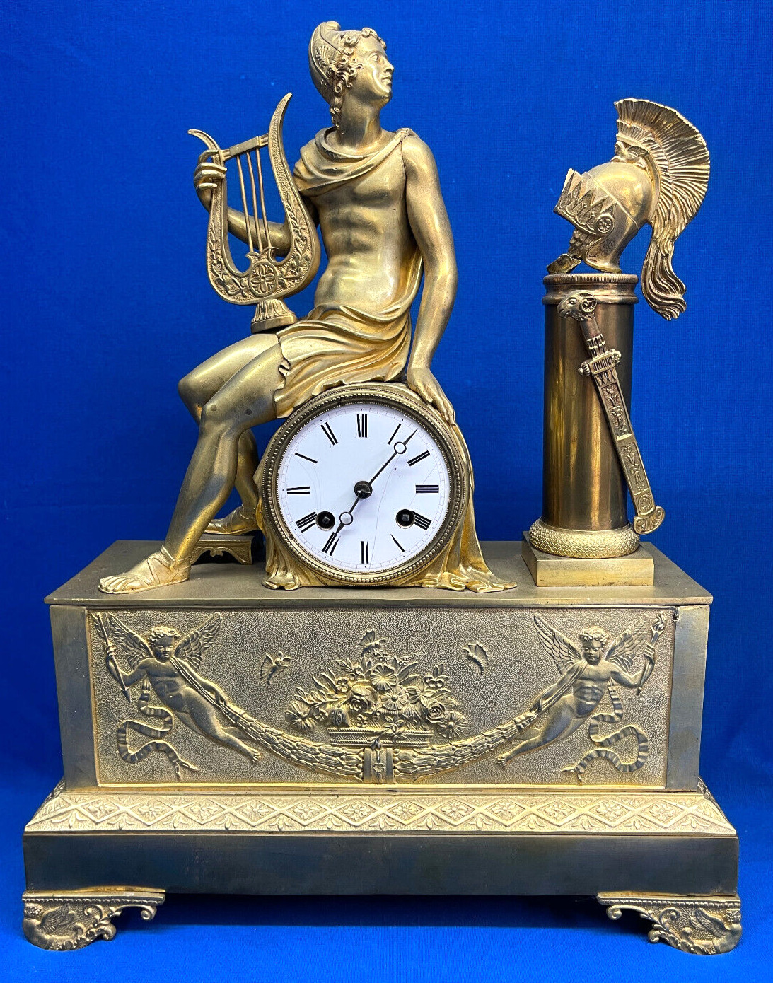 Antique Early 1800 French Gold Gilt Silk Thread Mantel Clock With Roman Warrior