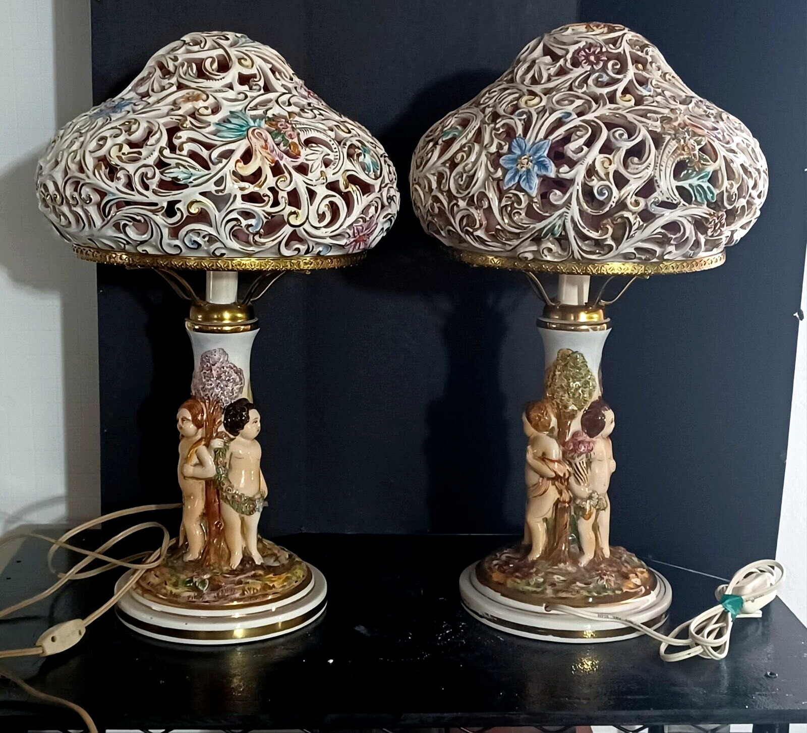Antique Capodimonti Porcelain Figurine Table Lamp, Couple, 19