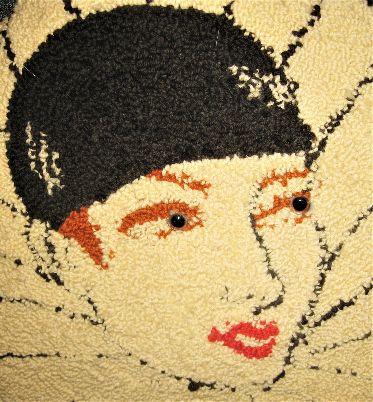 Stunning Antique Stumpwork Hooked Wool Lg Round Pillow Flapper Woman Glass Eyes
